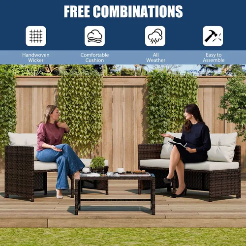 Vista 6 de Vongrasig Juego de muebles de patio de 3 piezas, sofá seccional de mimbre PE para todo tipo de clima, juego de conversación pequeño para Beige