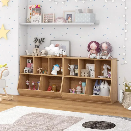 Vista 7 de KOTEK Organizador de almacenamiento de juguetes de 5 cubos, gabinete de almacenamiento de juguetes de madera, estante abierto para juguetes, Natural
