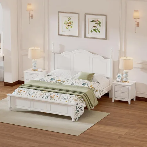 Vista 15 de Merax Juego de muebles de dormitorio de madera rústica moderna de 3 piezas con marco de cama de tamaño matrimonial, 2 mesitas de noche con cajones