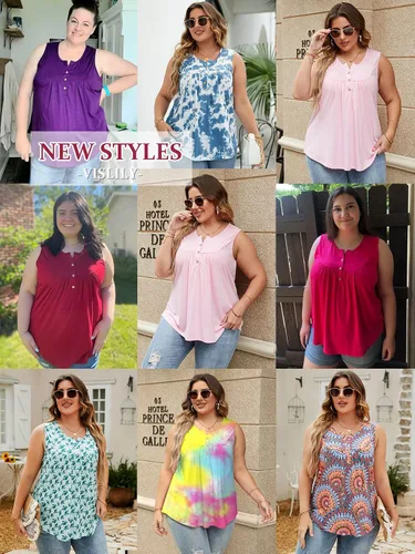 Vista 4 de VISLILY Camisetas sin mangas para mujer, de talla grande, estilo Henley, con botones, plisadas, holgadas