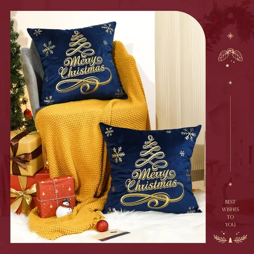 Vista 5 de Lewondr Fundas de almohada de Navidad, bordado de árbol de Navidad, patrón de estampado en caliente, fundas de almohada de terciopelo holandés