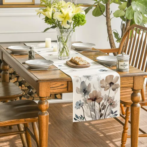 Vista 4 de Artoid Mode - Camino de mesa floral de amapolas marrones con hojas de primavera, decoración de mesa de cocina y comedor de temporada de verano