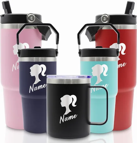 Vista 22 de Vasos de acero inoxidable grabados personalizados con nombres, tazas aisladas personalizadas con asa, taza de café de viaje, regalos para ella/él