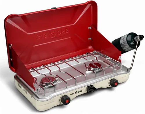 Vista 7 de GasOne - Estufa portátil de campamento – Estufa de propano doble con encendido automático de giro – 22,000 BTU con 2 quemadores y protector contra