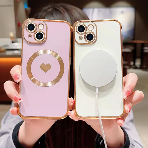 Vista 9 de Funda magnética para iPhone 13, para mujeres y niñas, chapado de lujo, lindo corazón de amor, cubierta trasera suave, protección completa de lente