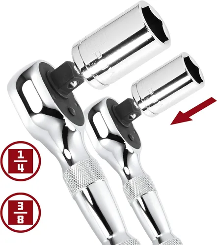 Vista 2 de Powerbuilt Juego de 2 piezas de trinquete corto de 1/4 pulgadas y 3/8 pulgadas, liberación rápida reversible de 72 dientes, espacios reducidos