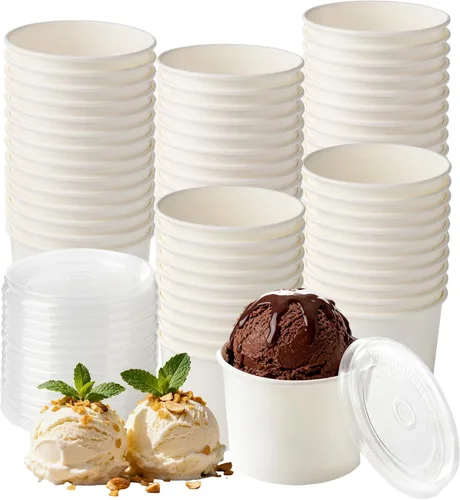 Vista 18 de Juego de 50 tazas desechables de helado blanco de 12 onzas con tapa, tazas de papel para llevar, taza de papel para llevar, recipiente de comida