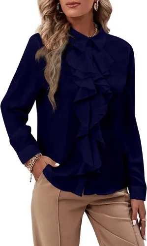 Vista 19 de LYANER - Blusa de manga larga con cuello de botón y volantes en la parte delantera para mujer