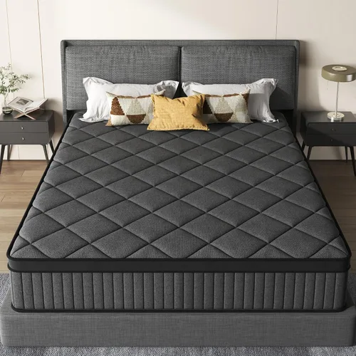 Vista 11 de Colchón negro matrimonial, colchón híbrido de 10 pulgadas tamaño matrimonial, firmeza media con espuma viscoelástica y resortes en bolsillo, funda