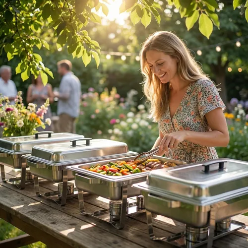 Vista 2 de Recipientes Calentadores para Buffet Paquete de 4, Juego de Recipientes Calentadores de Buffet de Acero Inoxidable de 9 Cuartos con Marco Plegable