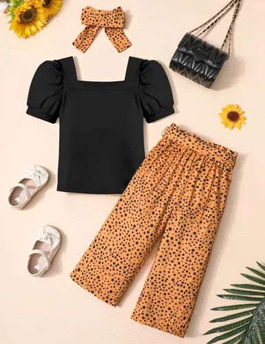 Vista 22 de DONWEN Conjunto de 3 piezas de ropa para niñas pequeñas y niñas con cuello cuadrado + pantalones elegantes + diadema para primavera y verano
