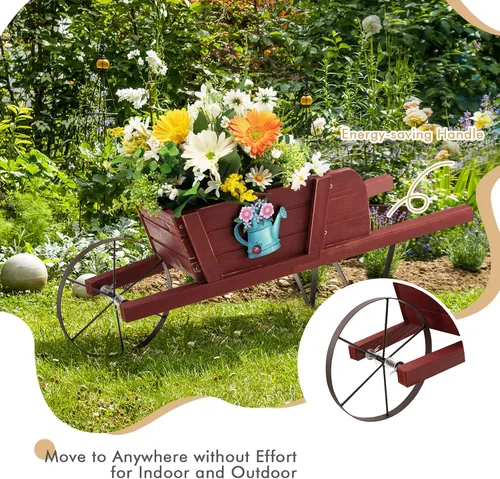 Vista 3 de HAPPYGRILL Planta de carro de carretilla, maceta pequeña de madera de pino maciza con soporte de metal triangular, 2 asas de ahorro de energía