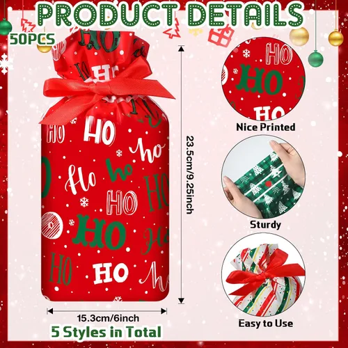 Vista 2 de Funrous 50 Piezas Bolsas de Navidad con Cordón Bolsas de Regalo de Plástico con Cordón de Navidad Bolsa de Dulces a Cuadros de Búfalo de Navidad