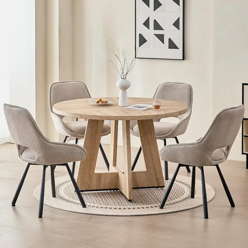 Vista 9 de Juego de mesa redonda de comedor de 47 pulgadas para 4, base en abanico, parte superior de 1.38 pulgadas de grosor, mesa de cocina de madera con 4