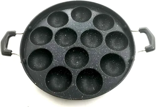 Vista 6 de Sartén antiadherente Appam – 12 hoyos con tapa de acero inoxidable para Appam, Paniyaram, Aebleskiver y Paddu Mango resistente al calor Appe Maker