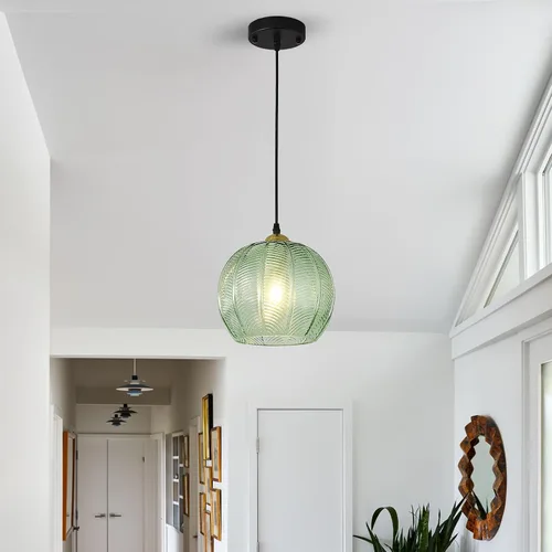 Vista 6 de Lámpara Colgante de Cristal Verde, Iluminación Colgante de Globo Grande Individual de 9.8 Pulgadas Nórdica Acanalada para Techo Colgante, Lámpara