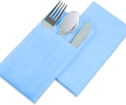 Vista 4 de Servilletas desechables de color azul menta, paquete de 50 servilletas de papel de tacto de lino con bolsillo integrado para cubiertos, tela