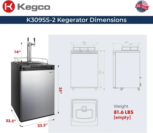 Vista 10 de Kegco K309SS-2 Kegerator digital de acero inoxidable de doble grifo de 61 cm de ancho