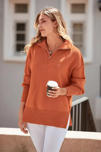 Vista 9 de PRETTYGARDEN Suéter de otoño de gran tamaño para mujer, casual, manga larga, con cremallera, cuello