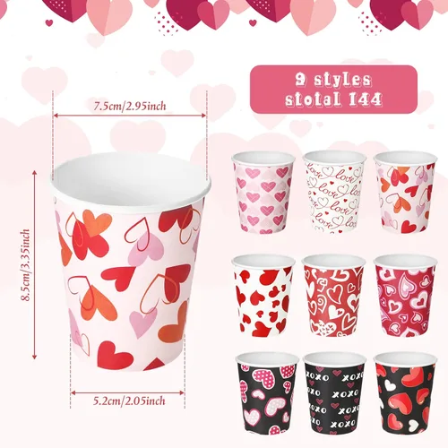 Vista 2 de Roowest 144 vasos desechables para el día de San Valentín, vasos de papel de corazón de 9 onzas, tazas de café de San Valentín para té, bebidas