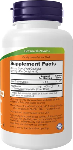 Vista 2 de NOW Suplementos, Pau D'Arco (Tabebuia heptaphylla) 500 mg, Apoyo a base de hierbas, 100 cápsulas vegetales