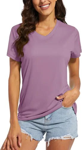 Vista 5 de MAGCOMSEN Women's T Shirts V-Neck Short Sleeve UPF 50+ Sun Protection Performance Quick Dry Workout Athletic Shirts Tee Tops