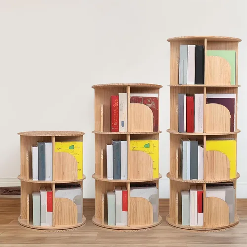 Vista 3 de Estantería giratoria, 360 exhibiciones de 2 niveles, estante de almacenamiento para niños y adultos, estante de madera estrecho para libros