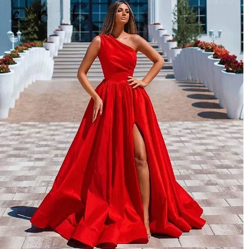 Vista 3 de Loyeloy Vestidos de baile largos para adolescentes, un hombro, plisado, de satén, sexy, con abertura, vestidos de noche formales para mujer