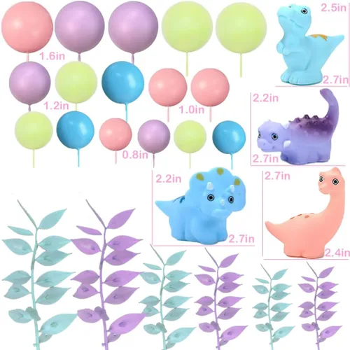 Vista 3 de Juego de adornos de dinosaurios para tartas con dinosaurios, rosa, morado, azul, para fiesta de cumpleaños