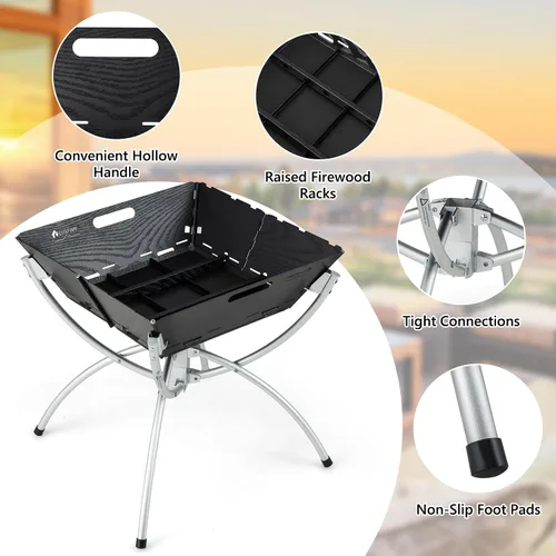 Vista 7 de HAPPYGRILL Fogata plegable 3 en 1 con parrilla para exterior, plegable para quemar leña, fogata para barbacoa, hoguera, cocina al aire libre