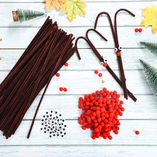 Vista 6 de Juego de 750 piezas de limpiapipas navideños, incluye 150 piezas de limpiapipas marrones de chenilla, 200 piezas de pompones rojos y 400 piezas