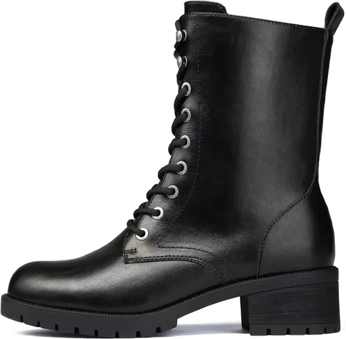 Vista 4 de DREAM PAIRS Botas de combate negras con cordones botas militares de invierno para mujer