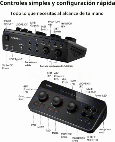 Vista 3 de BlueAVS Interfaz de audio USB, interfaz de audio de 2 entradas/4 salidas con 2 entradas combinadas XLR/TRS, grabación de 24 bits/192 kHz