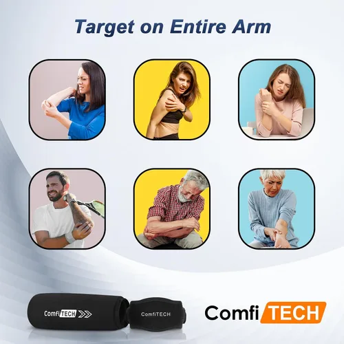 Vista 5 de Comfitech Combo de correa para codo y bolsa de hielo para hombres y mujeres, manga fría para brazo y antebrazo, talla M