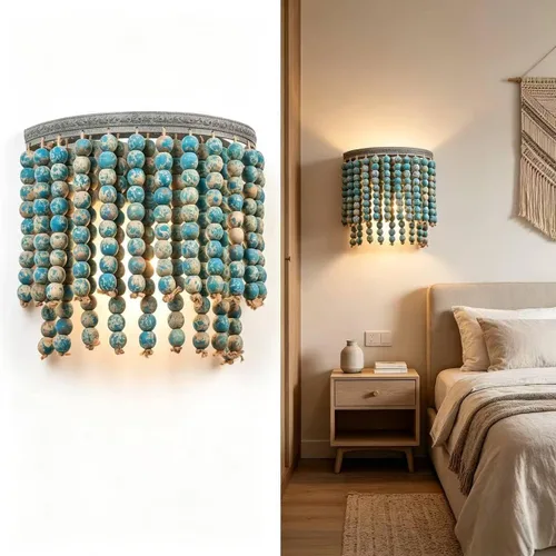 Vista 3 de Juego de 2 apliques de pared bohemios, hermosos apliques de pared para dormitorio, apliques de pared de madera vintage, juego de 2 para granja