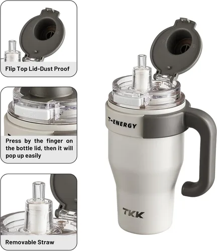Vista 5 de TKK Vaso de 27 onzas con asa y popote, vaso aislado con revestimiento de cerámica, taza de viaje 100% a prueba de fugas para agua, té helado o café