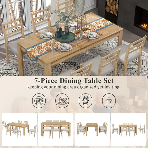 Vista 128 de Juego de mesa de comedor vintage de 6 piezas, juego de mesa de comedor de cocina de madera maciza con 4 sillas ergonómicas acolchadas y banco, mesa