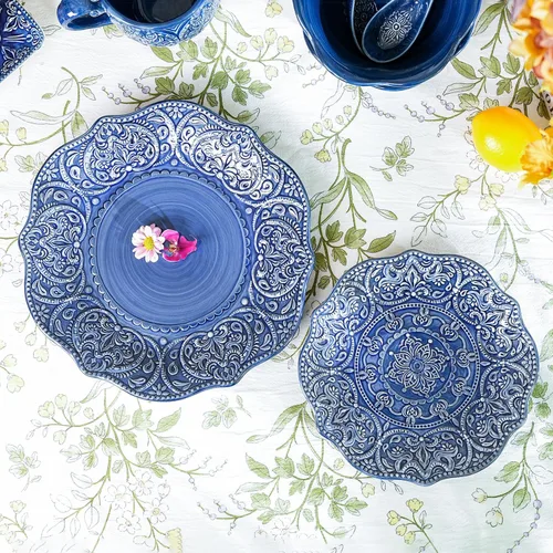 Vista 3 de Sungmor Vajilla Fina de Gres en Relieve para Cenas Elegantes, Juego de Platos de Cena de Porcelana de Estilo Barroco Antiguo de 2 Piezas
