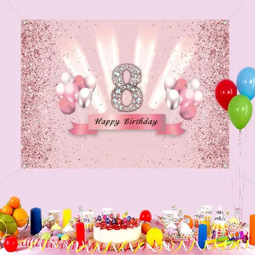 Vista 5 de Decoraciones de feliz cumpleaños número 8 para niñas, pancarta de fondo, decoración de fiesta, cartel de tela, fondo de foto rosa para suministros