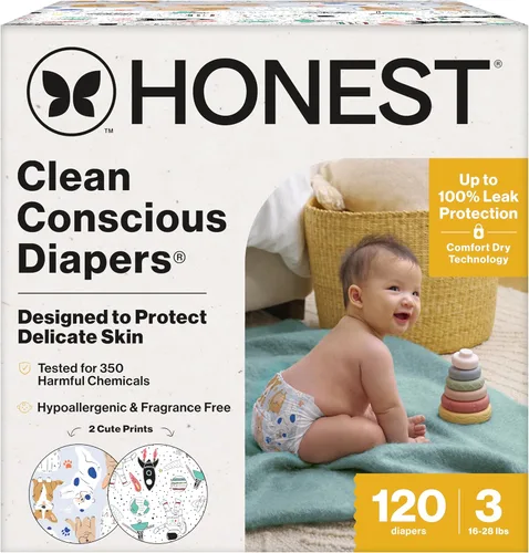 Vista 30 de The Honest Company Comfort Dry Pañales desechables para piel sensible, hasta 100% a prueba de fugas, hipoalergénicos, sin fragancia, Turtle Time