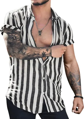 Camisas de lino de algodón a rayas para hombre, camisas de manga corta con botones, camisa casual de verano para la playa
