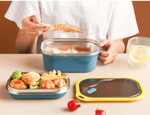 Vista 2 de Caja Bento de acero inoxidable, contenedores de almuerzo de metal con compartimento, lonchera sellada contenedor de comida (azul)