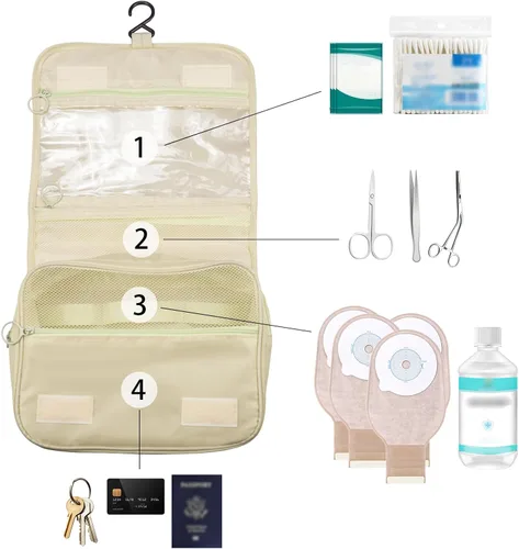Vista 3 de Exquisita bolsa de viaje para suministros de ostomía y colostomía, la mejor opción para personas postoperatorias, con configuración colgante y Beige