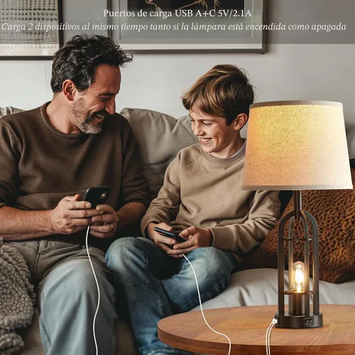 Vista 3 de SRJJA Juego de 2 lámparas de mesa negras para sala de estar, lámparas de granja para mesitas de noche con USB A+C, lámparas de noche