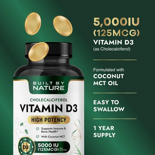 Vista 3 de Built by Nature Suplemento de vitamina D3 de 5000 UI, 360 mini cápsulas blandas Con aceite de coco MCT, alta absorción, fácil de tragar
