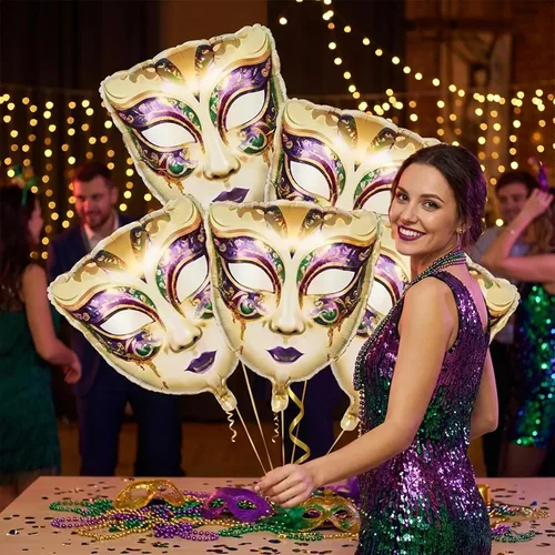 Vista 4 de Globos de Mardi Gras grandes de máscara de papel de aluminio para decoraciones de fiesta de Fat Tuesday divertidas y magníficas, suministros