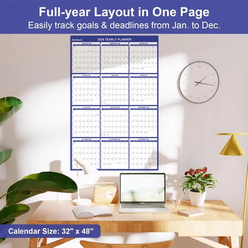 Vista 3 de Calendario de pared 2026 de 32 x 48 pulgadas, 12 meses de enero a diciembre, planificador anual anual grande de borrado en seco, calendario