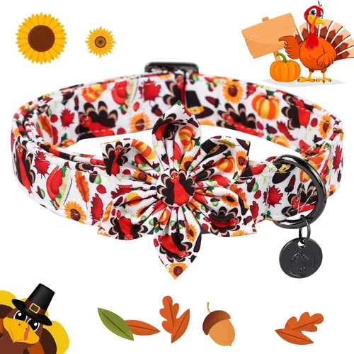 Vista 2 de DOGWONG - Collar de Acción de Gracias con Bellota y Flor para Perro, Collar de Perro de Pavo Otoñal, Collar de Calabaza de Algodón Suave y Duradero