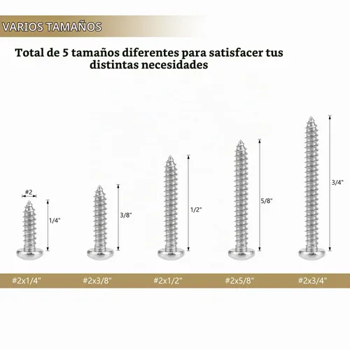 Vista 3 de 252 piezas #2 x 1/4" 3/8" 1/2" 5/8" 3/4" tornillos autorroscantes Phillips de cabeza pan, kit de surtido de tornillos para madera, acero inoxidable