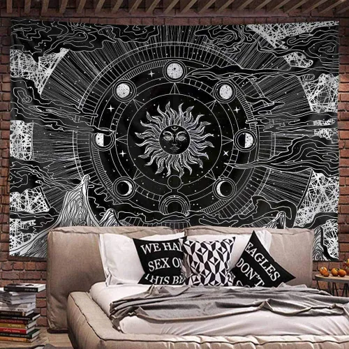 Vista 2 de Neapth Tapiz de sol para decoración de dormitorio y dormitorio, arte de pared blanco y negro, sol y luna, 59 x 59 pulgadas 1 Montaña del Sol